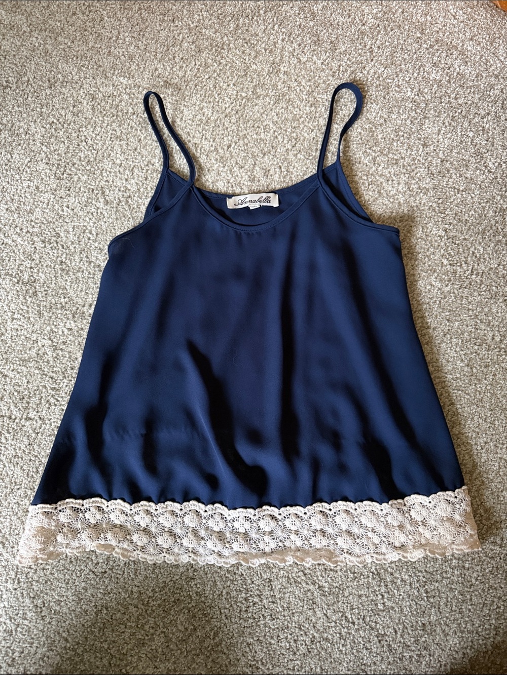 Annabelle Navy Blue Spaghetti Strap Tank with Ivory Lace Trim